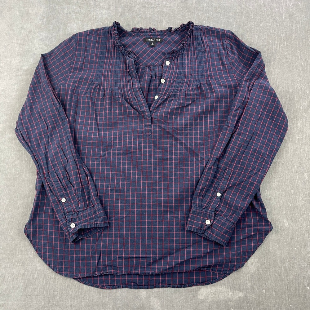 J.Crew Mercantile Women 8 Navy Red Plaid‎ Ruffle Neck Henley Blouse
